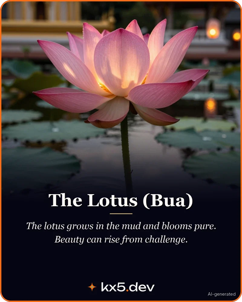 The Lotus (Bua): The lotus grows in the mud and blooms pure. Beauty can rise from challenge.