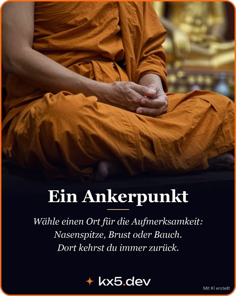 Ein Ankerpunkt: Wähle einen Ort für die Aufmerksamkeit: Nasenspitze, Brust oder Bauch. Dort kehrst du immer zurück.