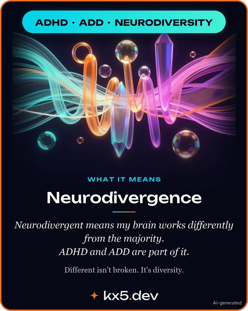 Neurodivergence: Neurodivergent means my brain works differently from the majority. ADHD and ADD are part of it.