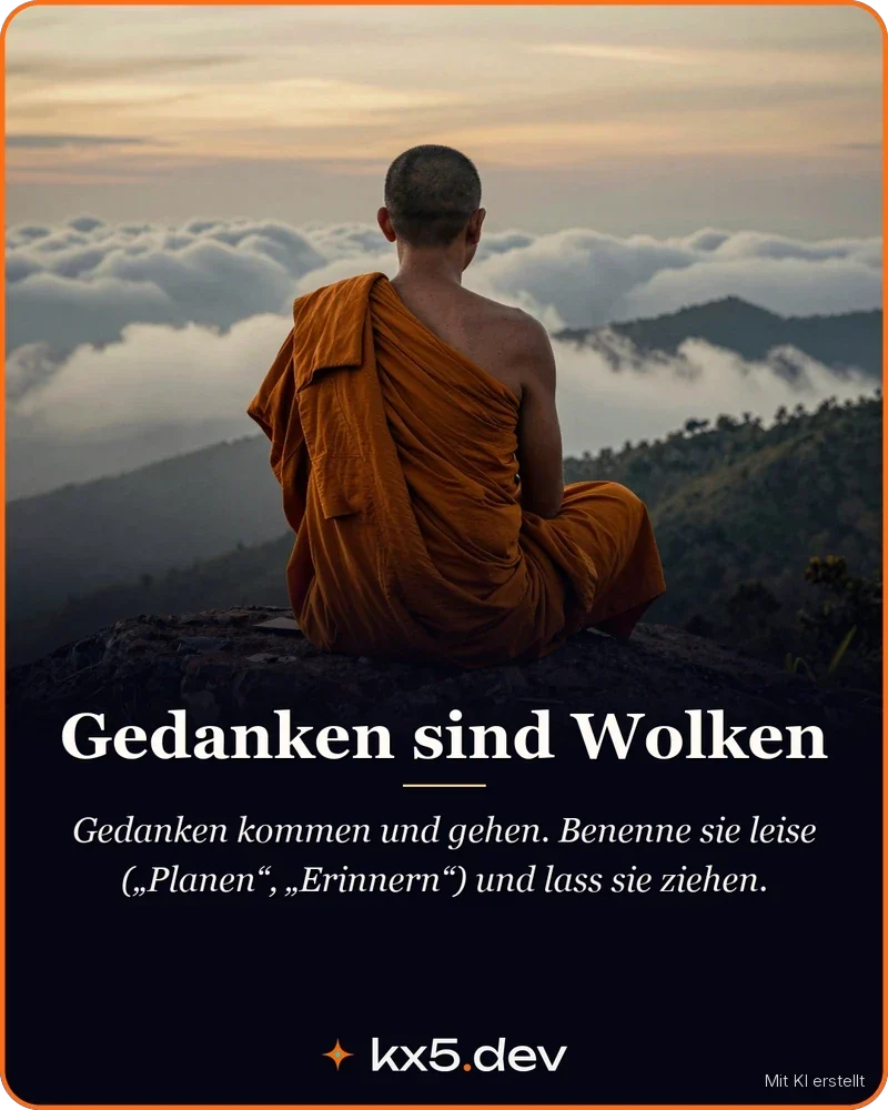 Gedanken sind Wolken: Gedanken kommen und gehen. Benenne sie leise („Planen“, „Erinnern“) und lass sie ziehen.