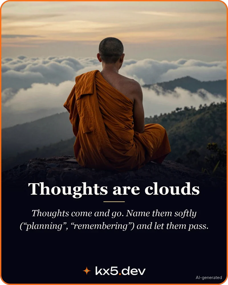 Thoughts are clouds: Thoughts come and go. Name them softly (“planning”, “remembering”) and let them pass.