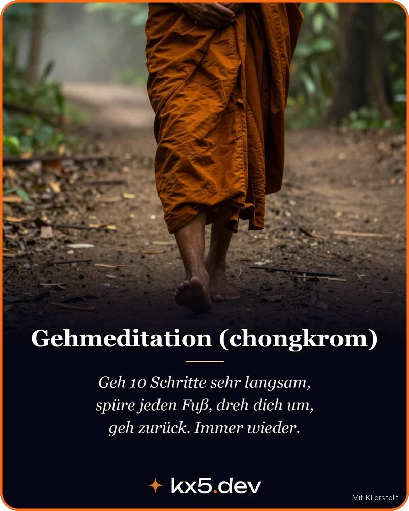 Gehmeditation (chongkrom): Geh 10 Schritte sehr langsam, spüre jeden Fuß, dreh dich um, geh zurück. Immer wieder.