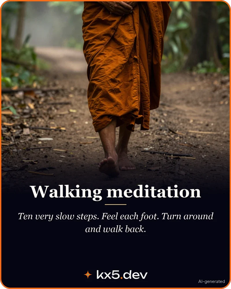 Walking meditation: Ten very slow steps. Feel each foot. Turn around and walk back.