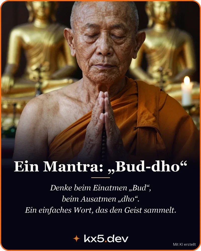 Ein Mantra: „Bud-dho“: Denke beim Einatmen „Bud“, beim Ausatmen „dho“. Ein einfaches Wort, das den Geist sammelt.