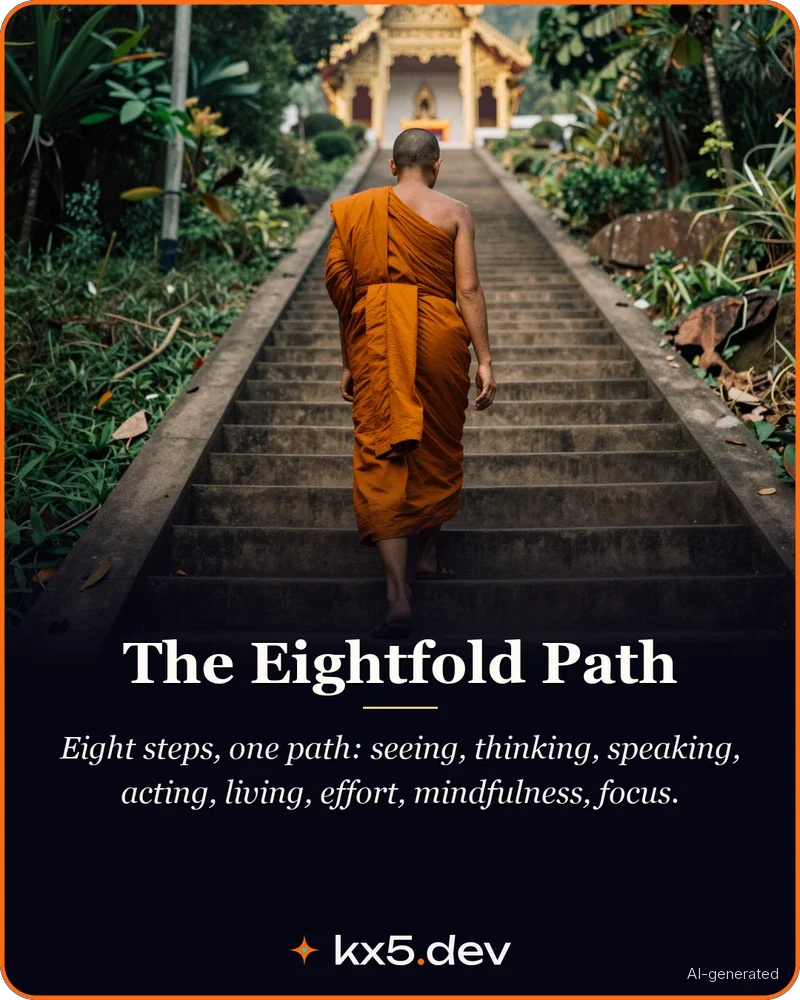 The Eightfold Path: Eight steps, one path: seeing, thinking, speaking, acting, living, effort, mindfulness, focus.
