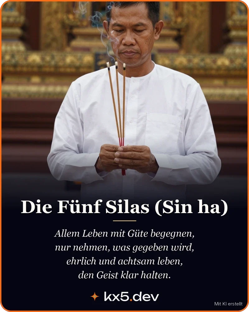 Die Fünf Silas (Sin ha): Allem Leben mit Güte begegnen, nur nehmen, was gegeben wird, ehrlich und achtsam leben, den Geist klar halten.