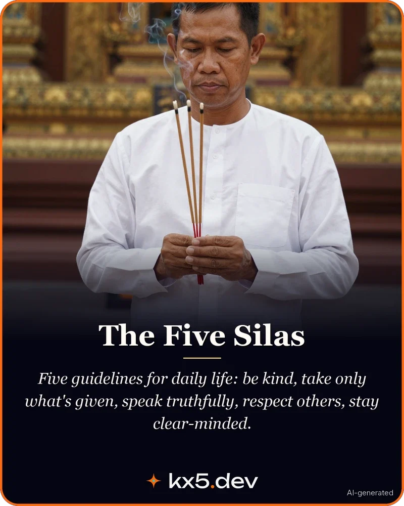 The Five Silas: Five guidelines for daily life: be kind, take only what's given, speak truthfully, respect others, stay clear-minded.