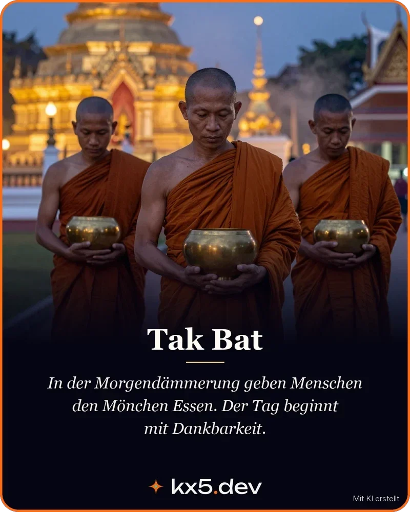 Tak Bat: In der Morgendämmerung geben Menschen den Mönchen Essen. Der Tag beginnt mit Dankbarkeit.