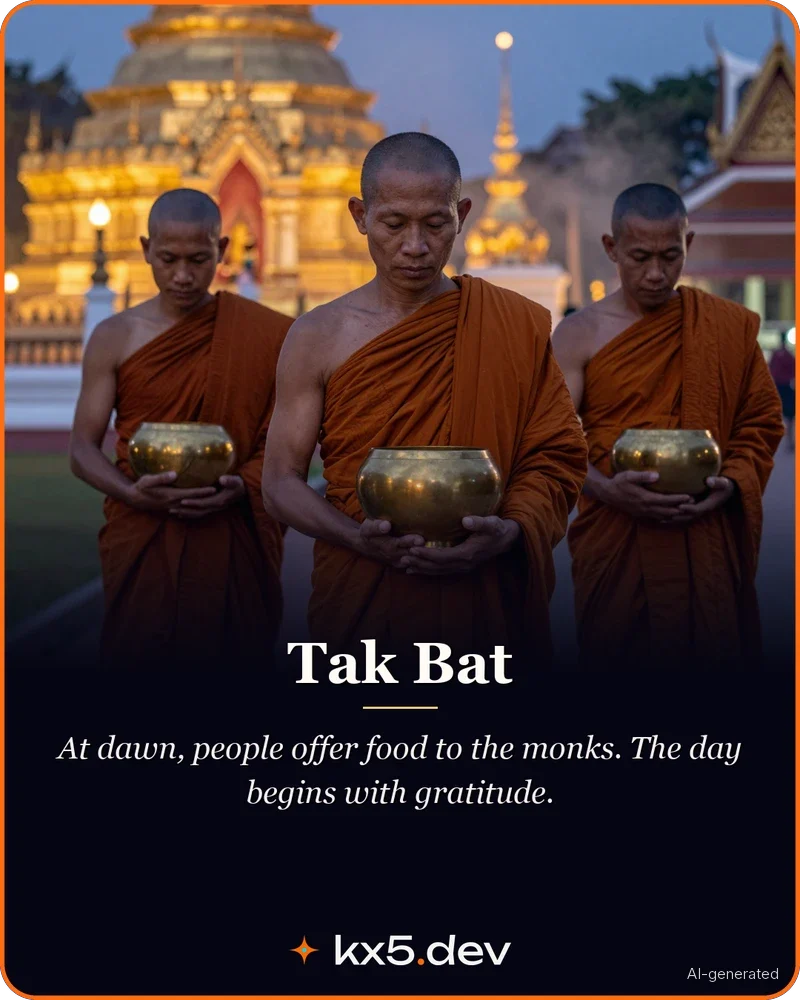Tak Bat: At dawn, people offer food to the monks. The day begins with gratitude.