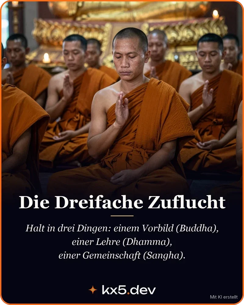 Die Dreifache Zuflucht: Halt in drei Dingen: einem Vorbild (Buddha), einer Lehre (Dhamma), einer Gemeinschaft (Sangha).