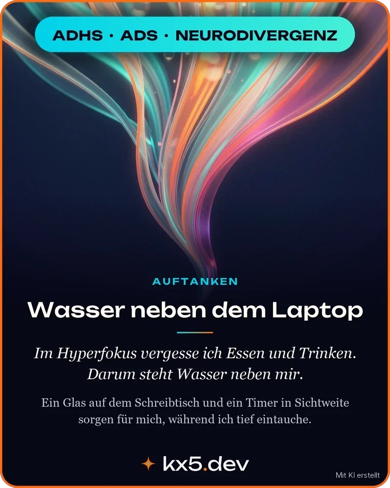 Wasser neben dem Laptop: Im Hyperfokus vergesse ich Essen und Trinken. Darum steht Wasser neben mir.