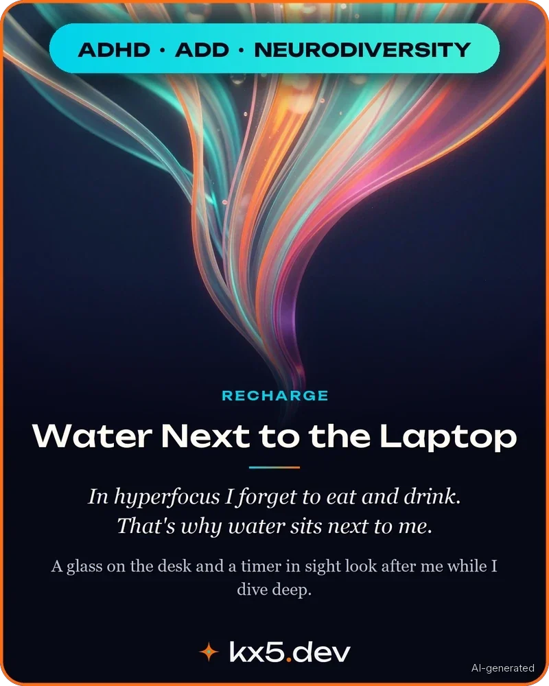 Water Next to the Laptop: In hyperfocus I forget to eat and drink. That's why water sits next to me.