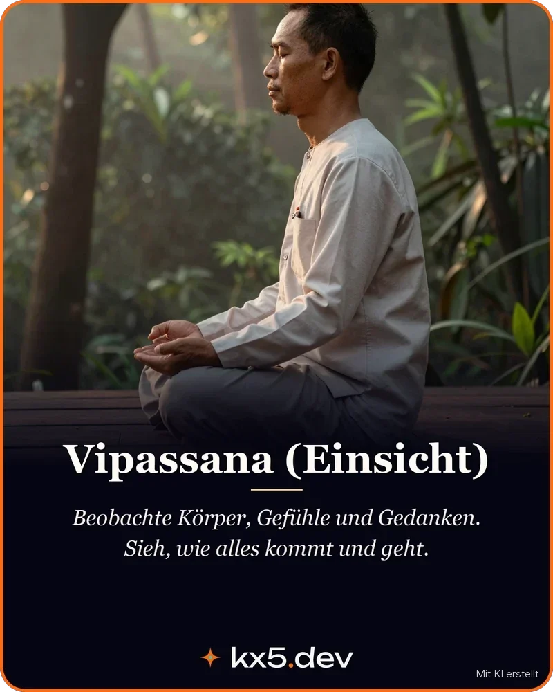 Vipassana (Einsicht): Beobachte Körper, Gefühle und Gedanken. Sieh, wie alles kommt und geht.